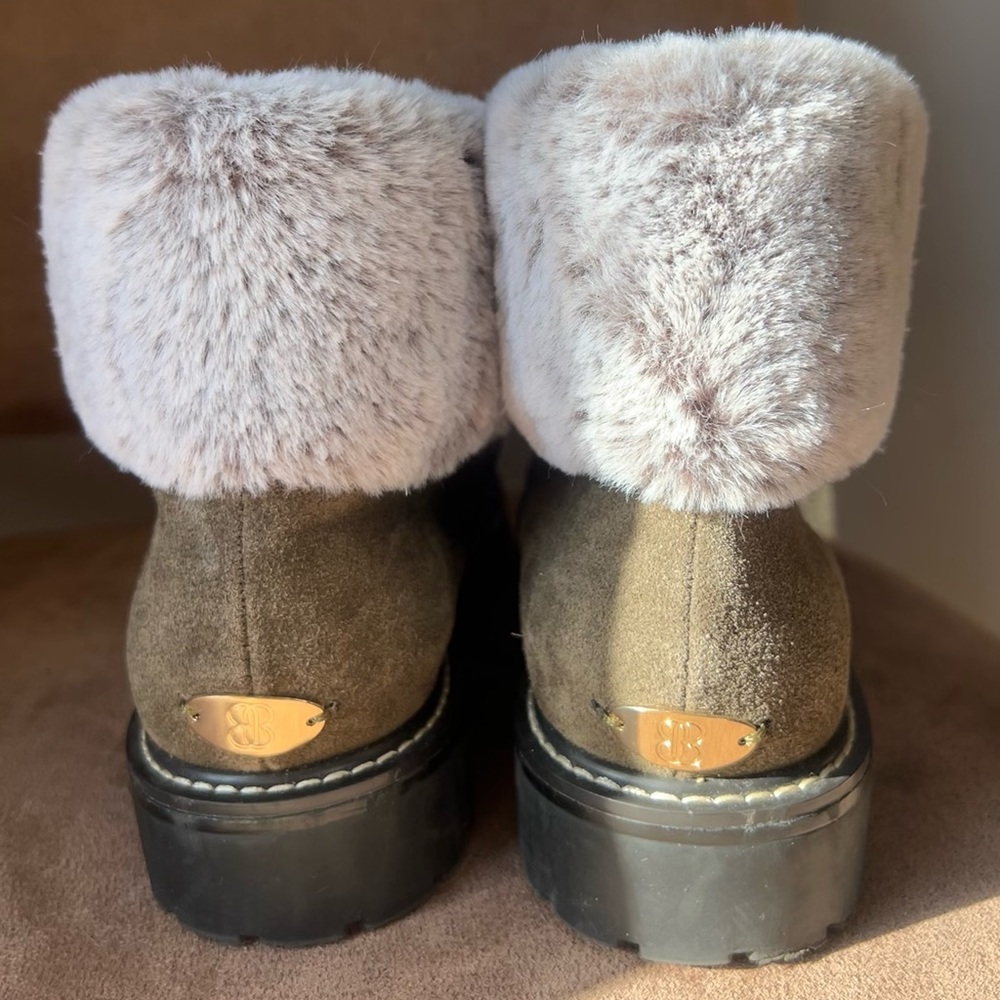 Bandolino | Women's Livia Combat Boots Green Suede Fur Trim